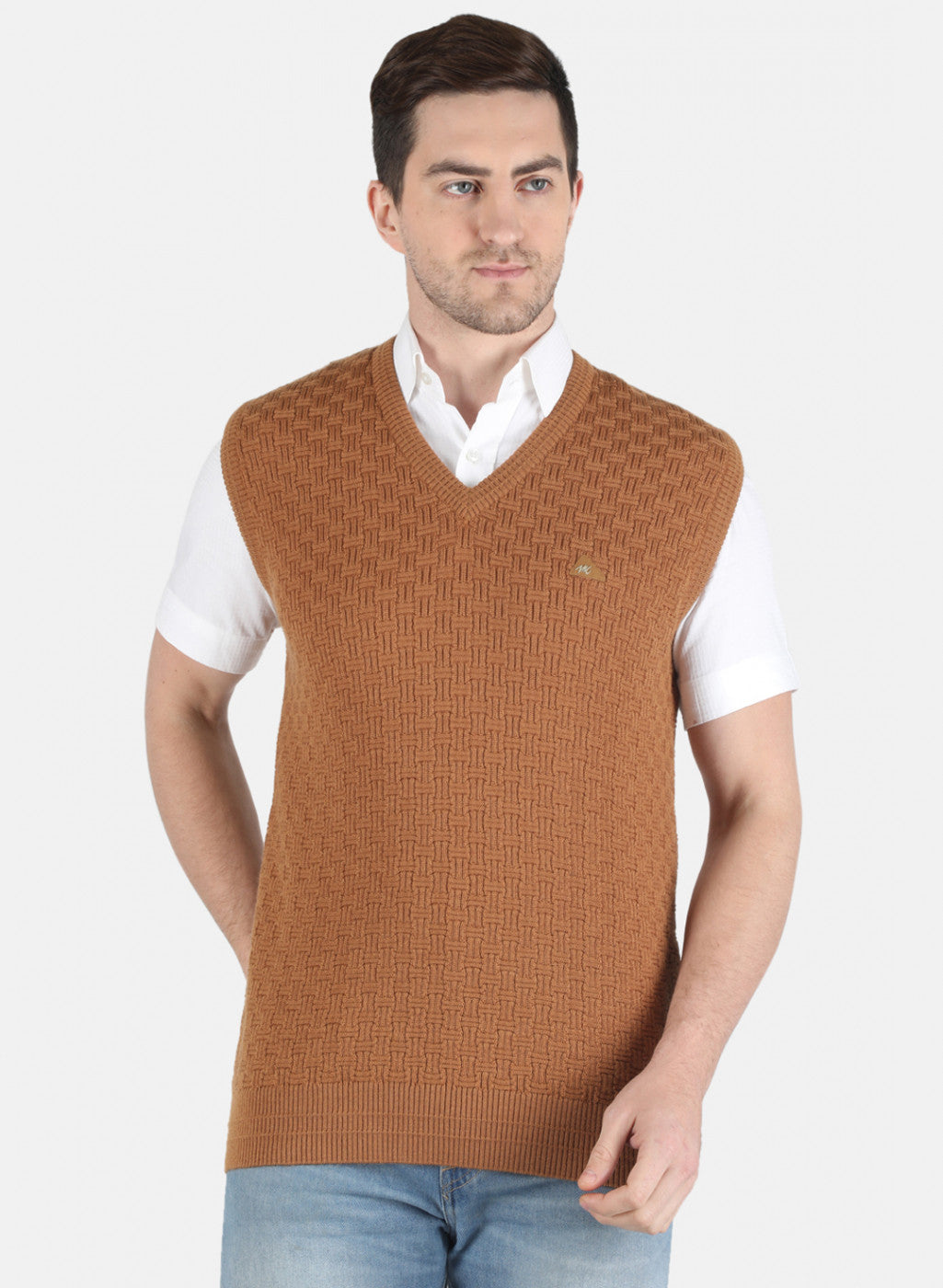 Men Brown Self Design Sweater