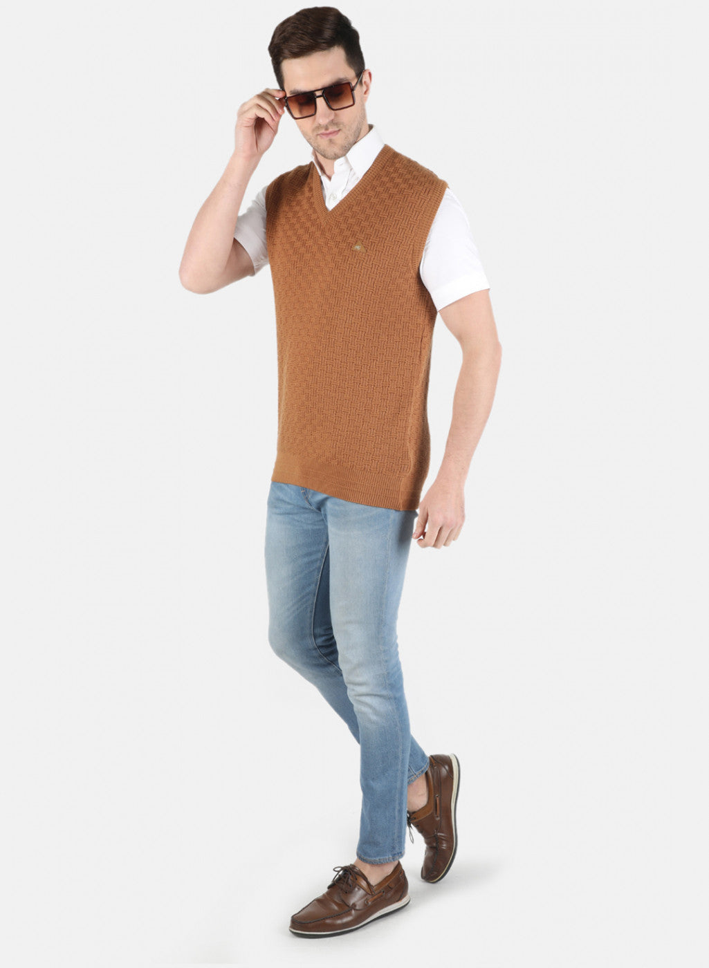 Men Brown Self Design Sweater