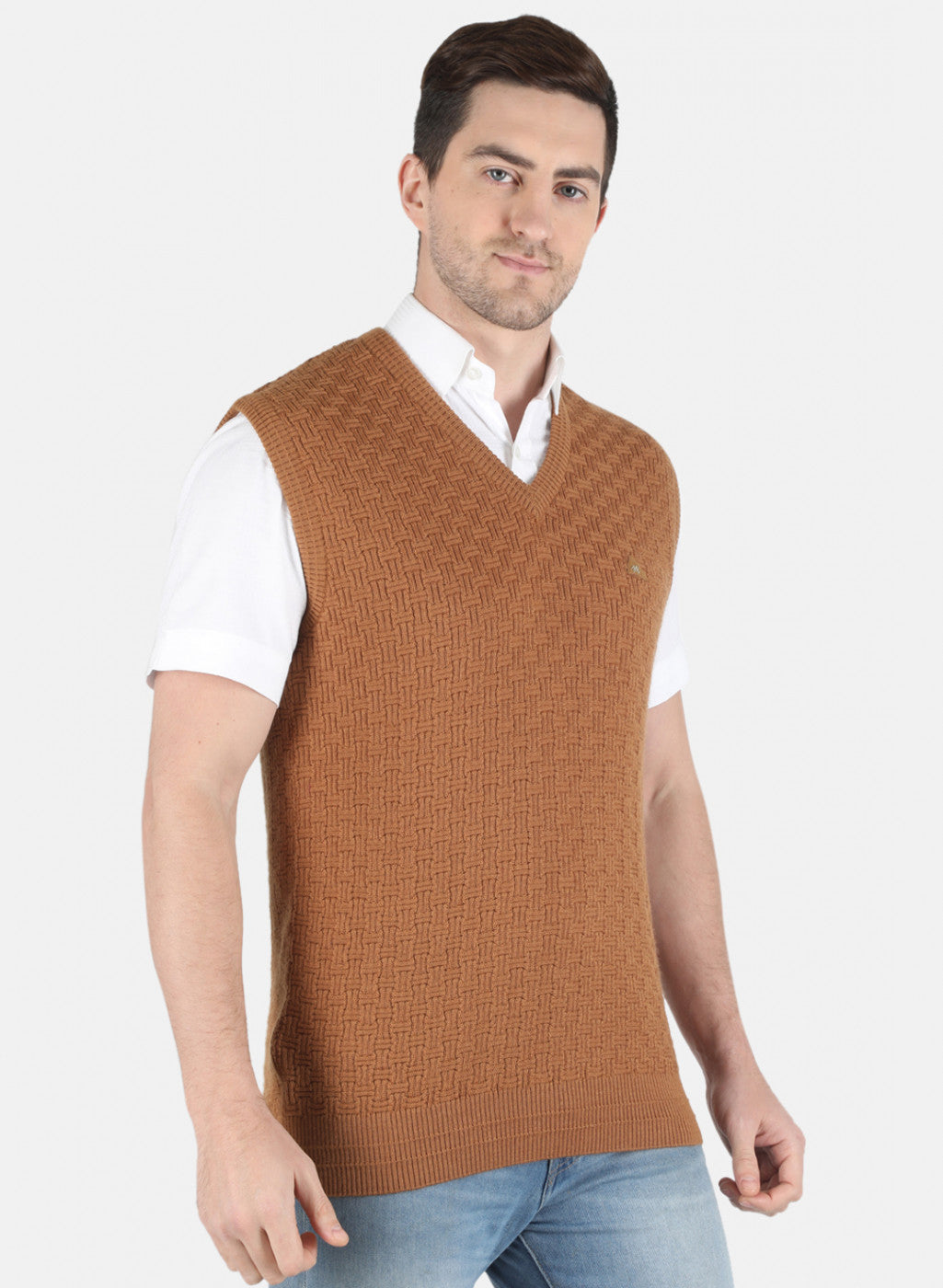 Men Brown Self Design Sweater