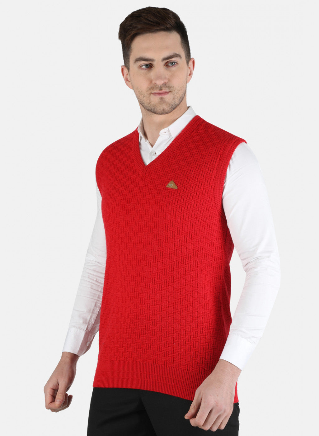 Men Red Self Design Sweater