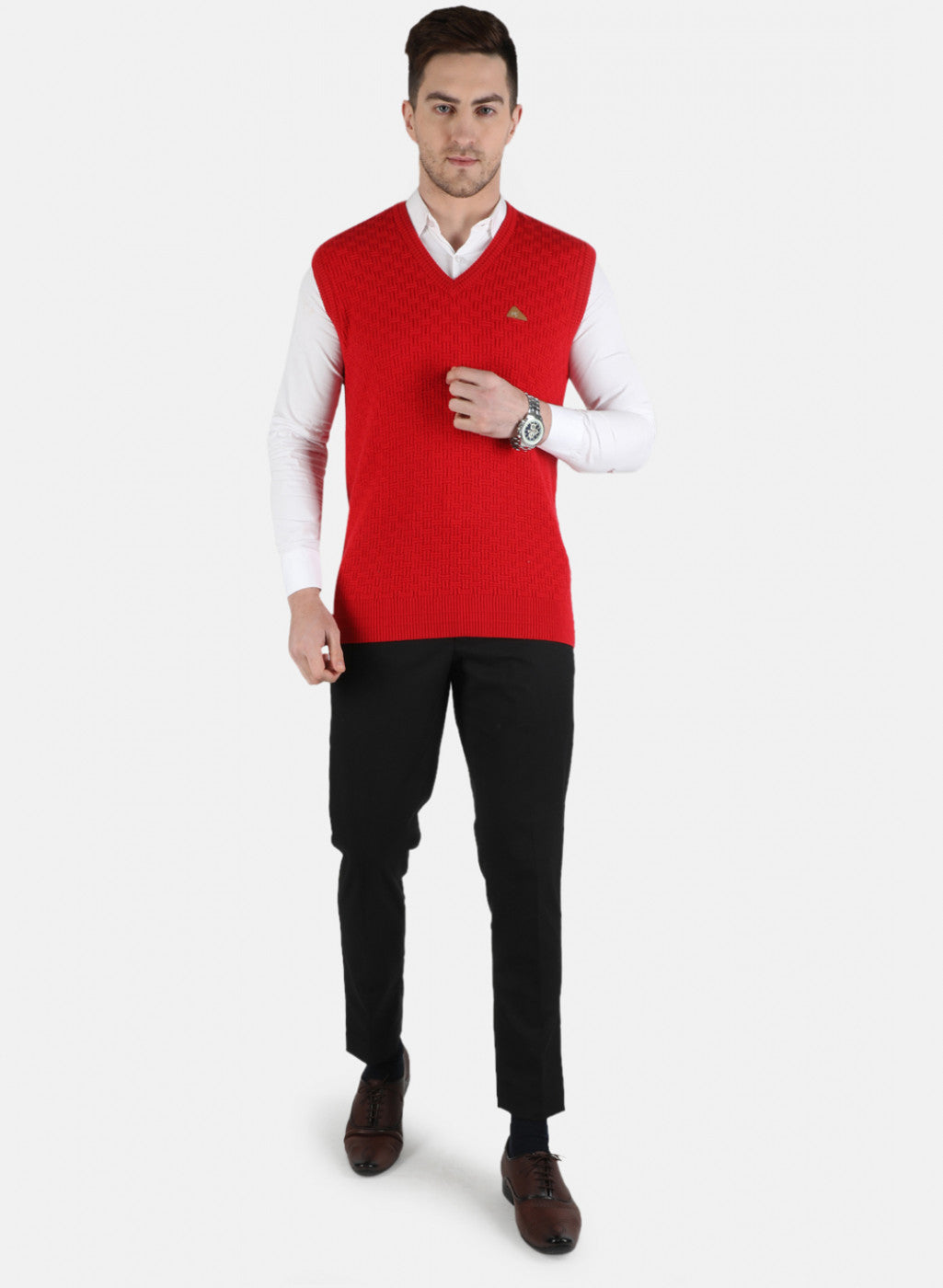 Men Red Self Design Sweater