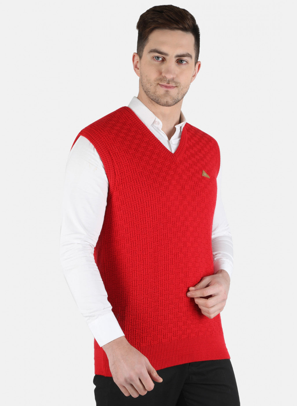 Men Red Self Design Sweater