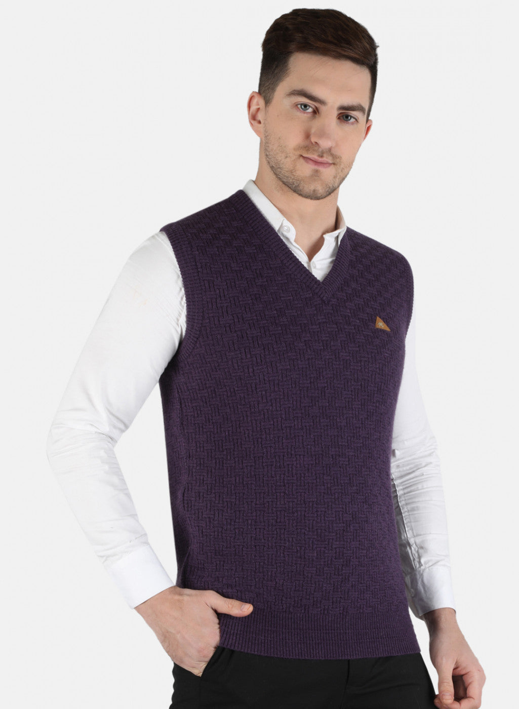 Men Purple Self Design Sweater