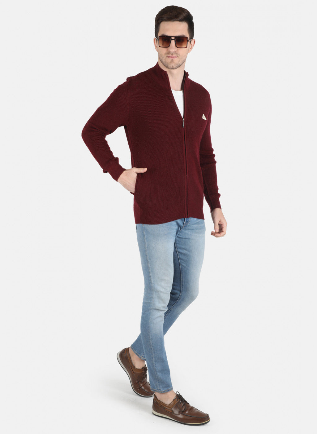 Men Maroon Self Design Pullover