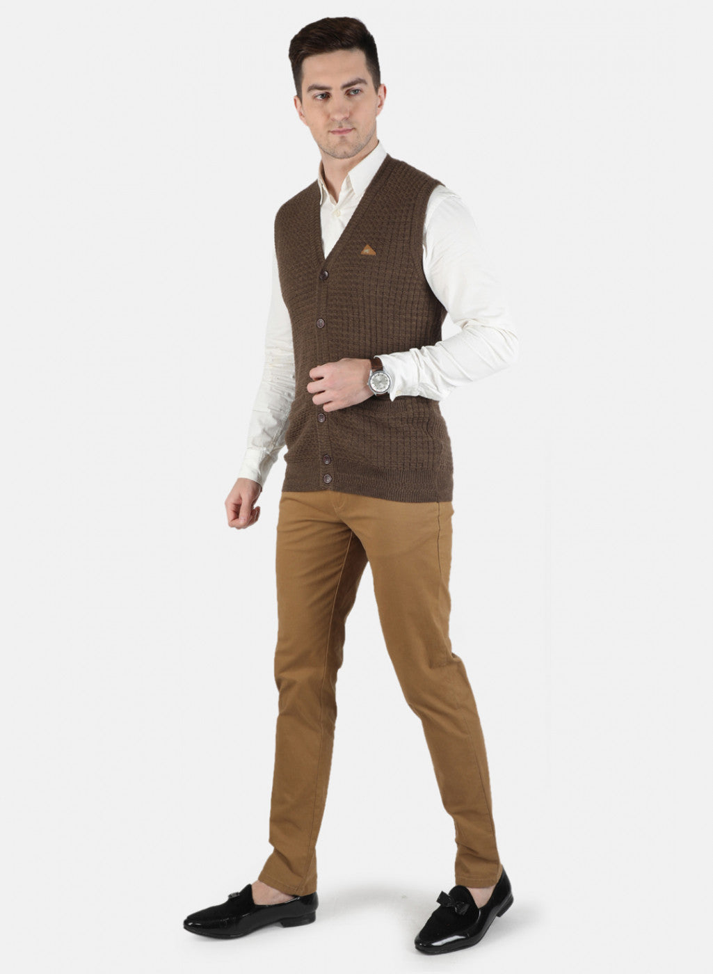 Men Brown Self Design Cardigan