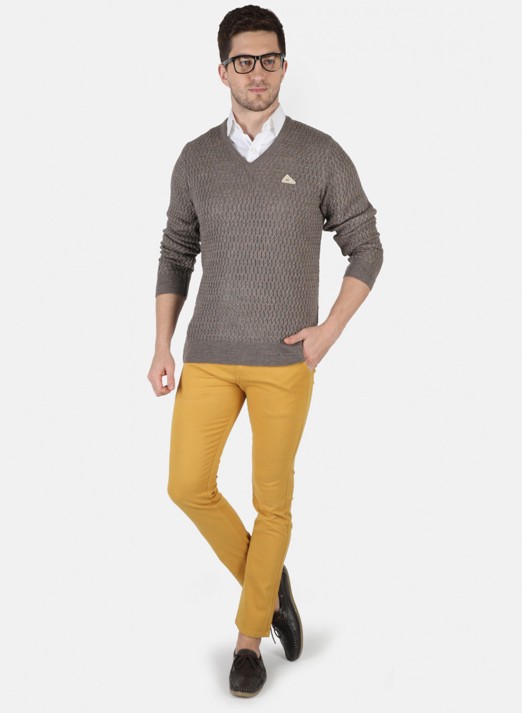 Men Khaki Self Design Pullover