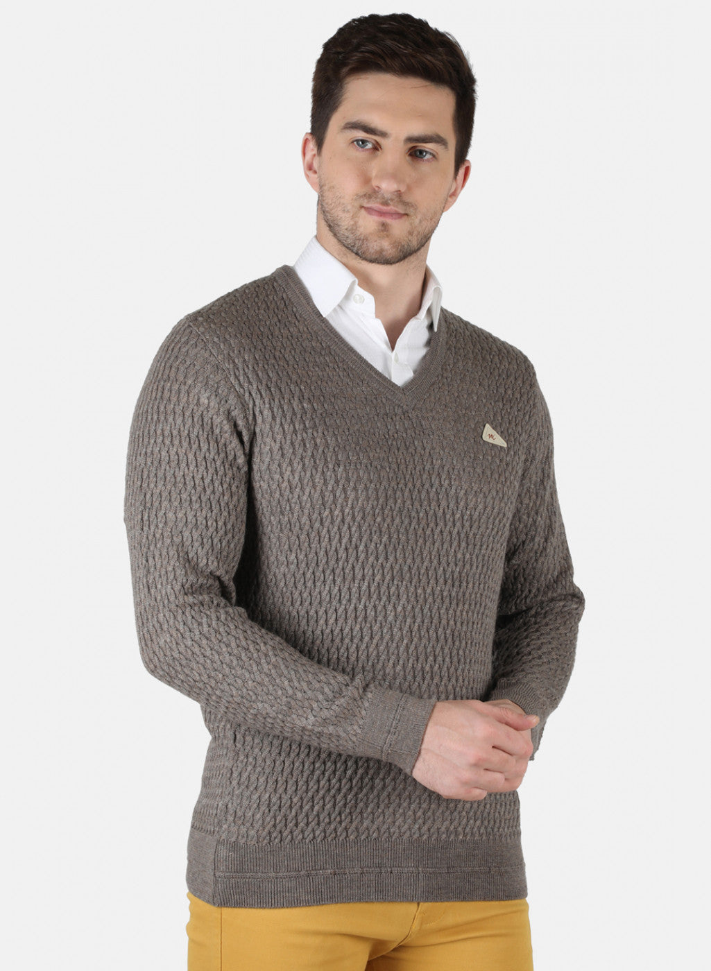 Men Khaki Self Design Pullover