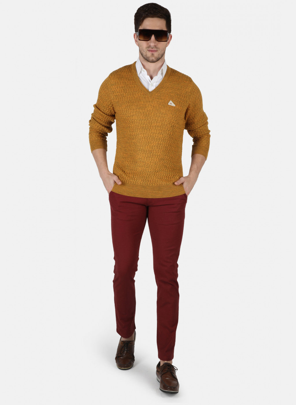 Men Mustard Self Design Pullover