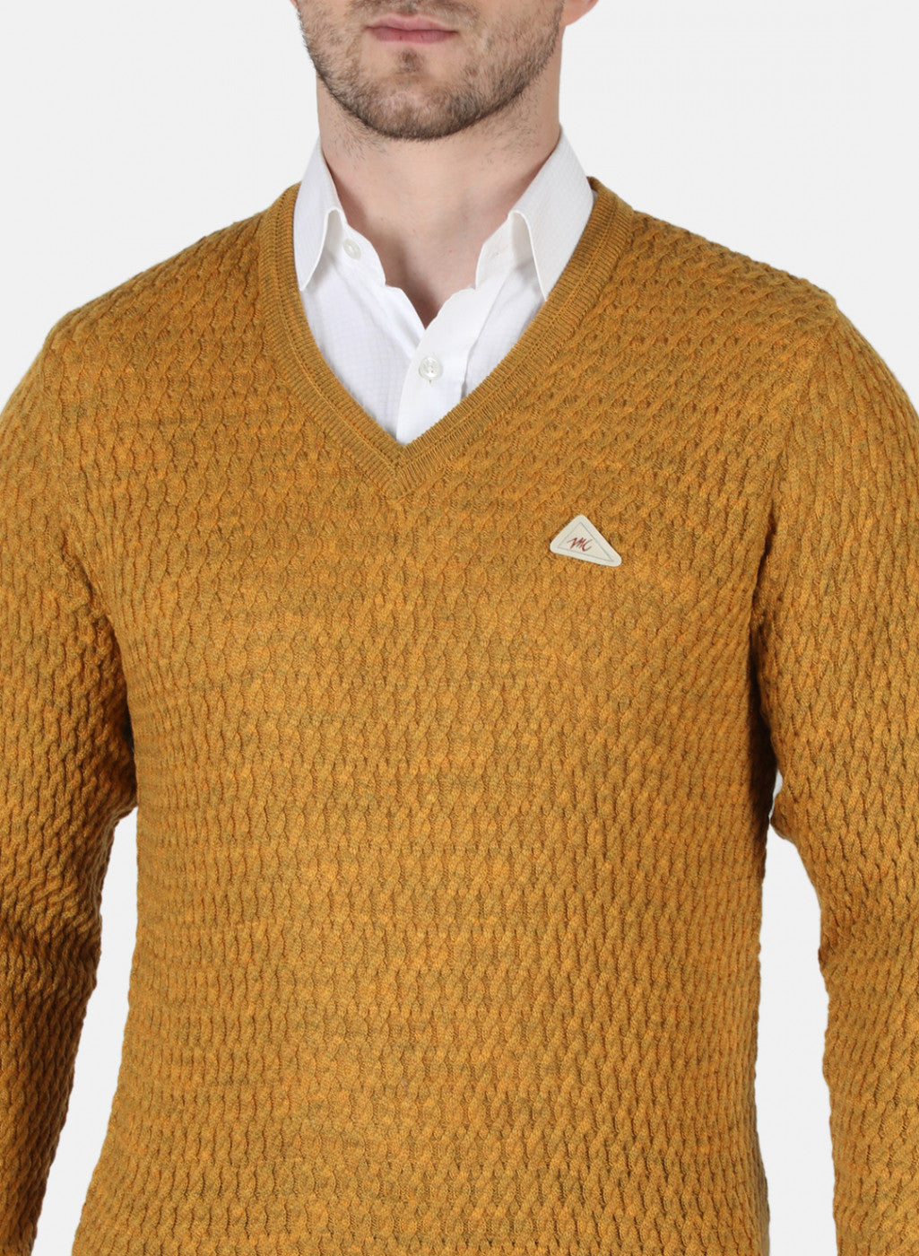 Men Mustard Self Design Pullover