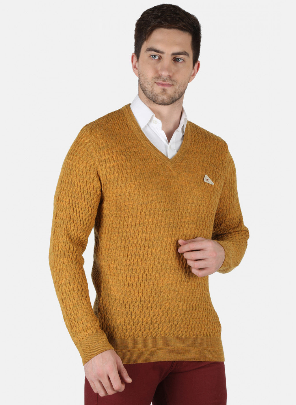 Men Mustard Self Design Pullover