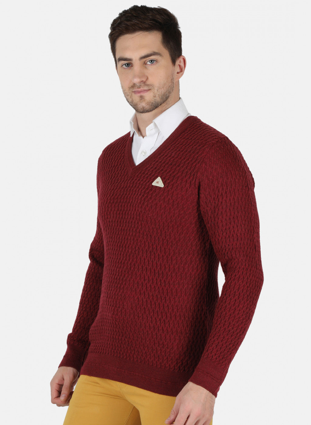 Men Maroon Self Design Pullover