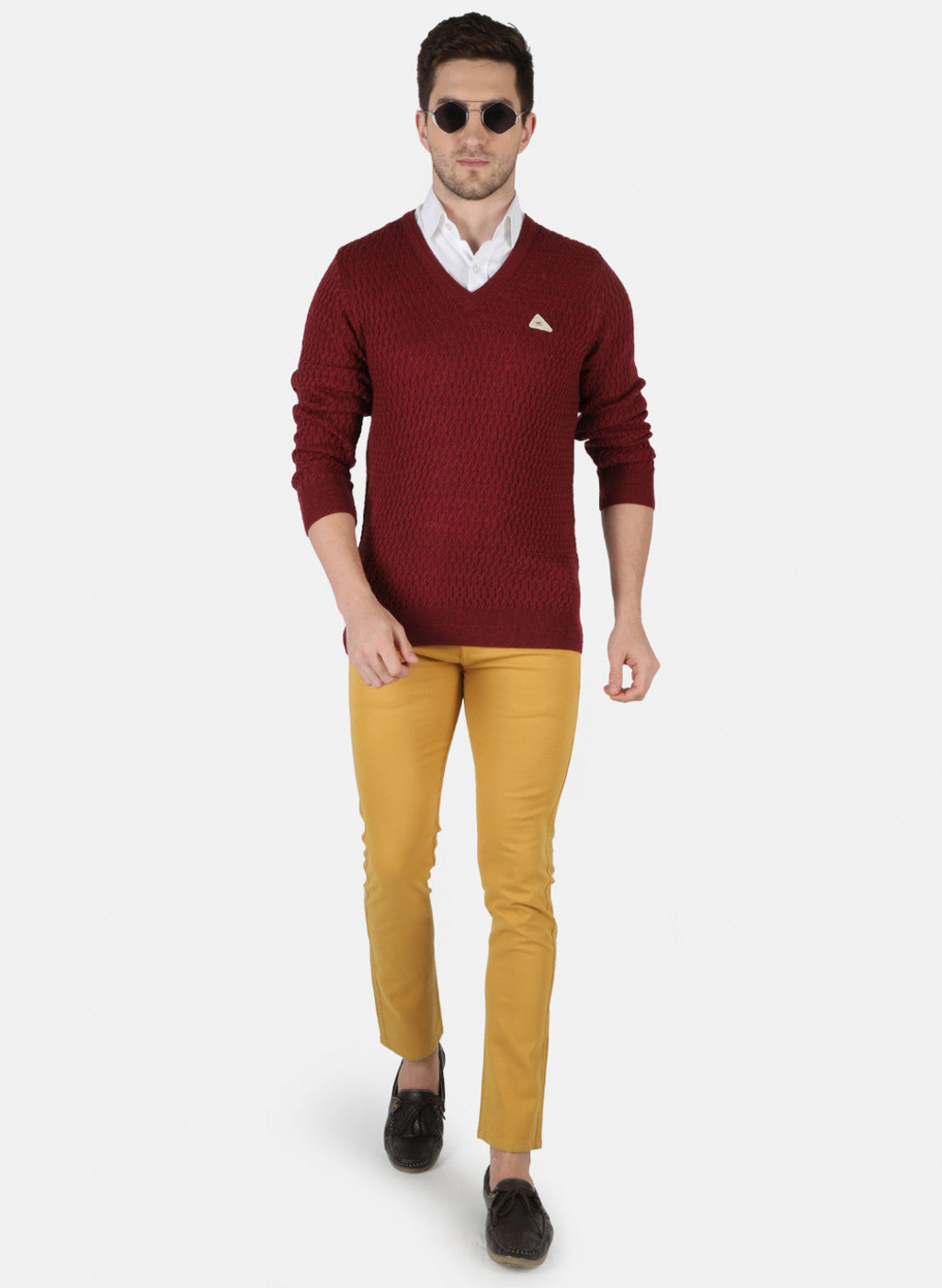 Men Maroon Self Design Pullover