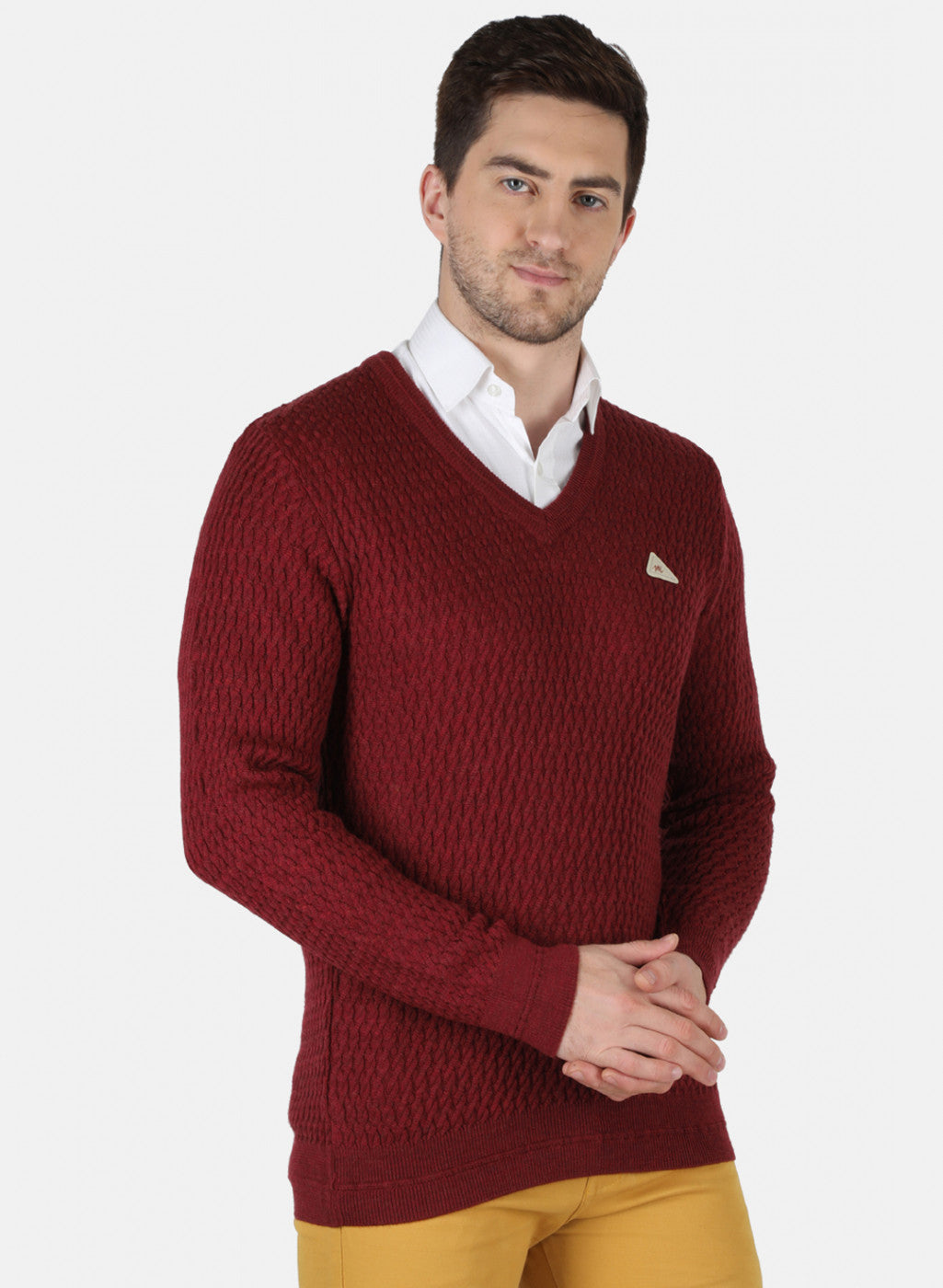 Men Maroon Self Design Pullover