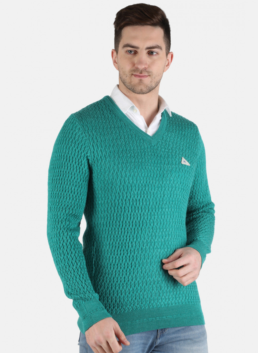 Men Green Self Design Pullover