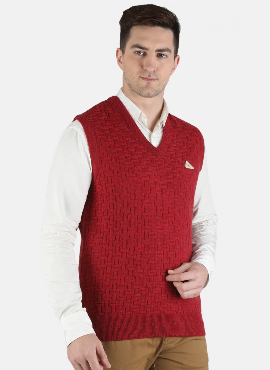 Men Red Self Design Sweater