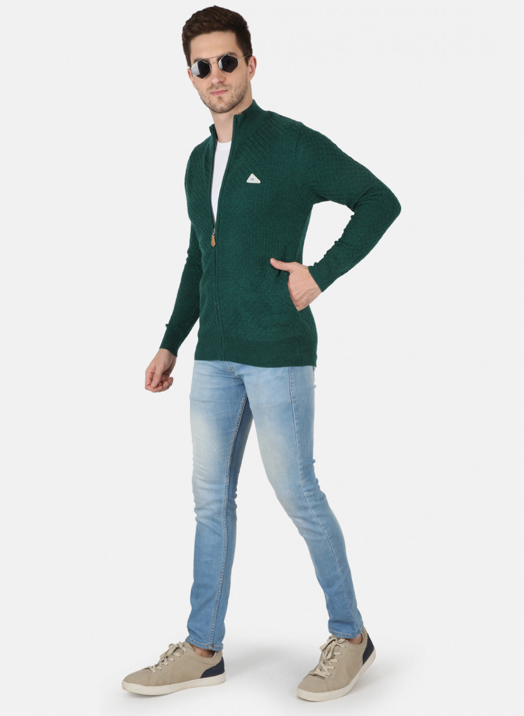 Men Green Self Design Pullover