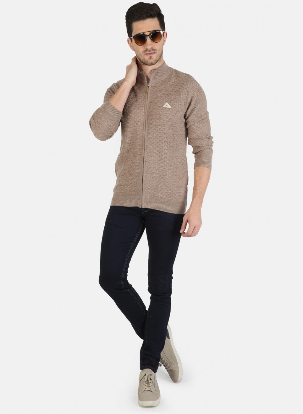 Men Beige Self Design Pullover