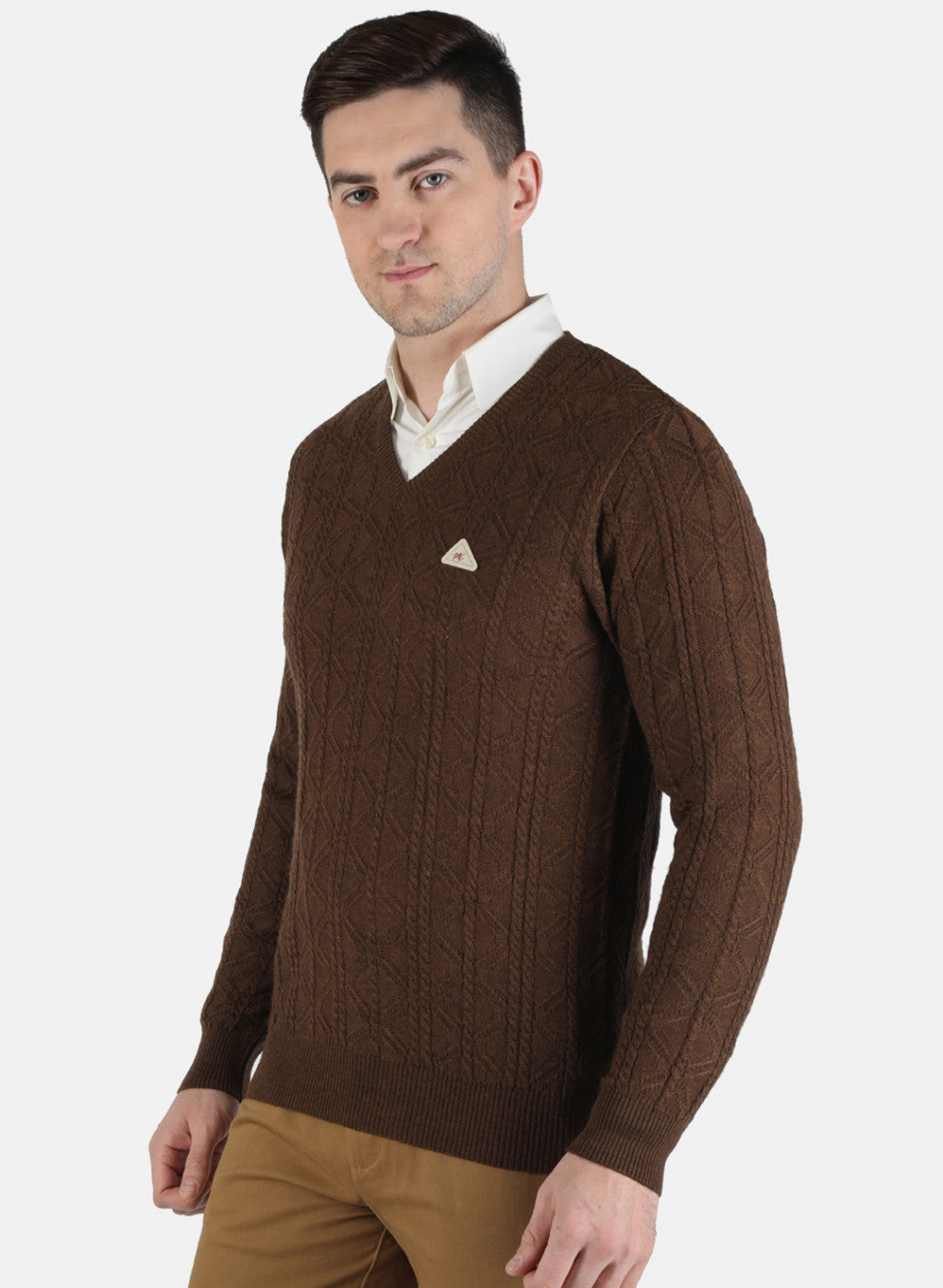 Men Brown Self Design Pullover