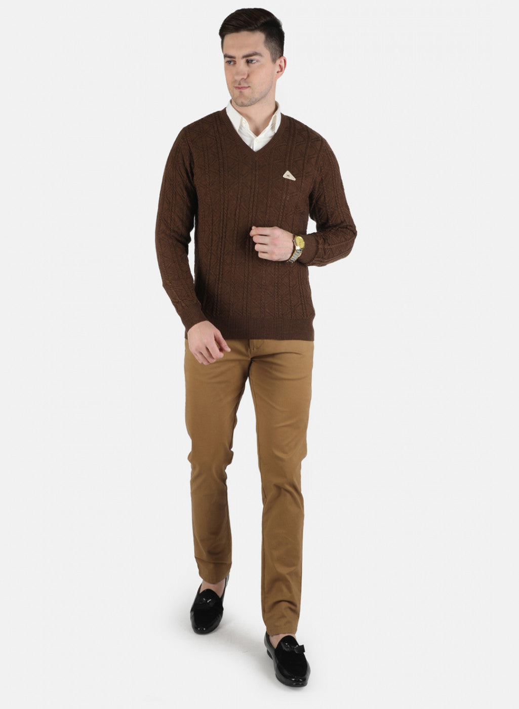 Men Brown Self Design Pullover