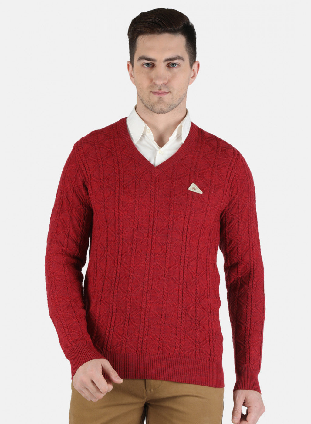 Men Red Self Design Pullover