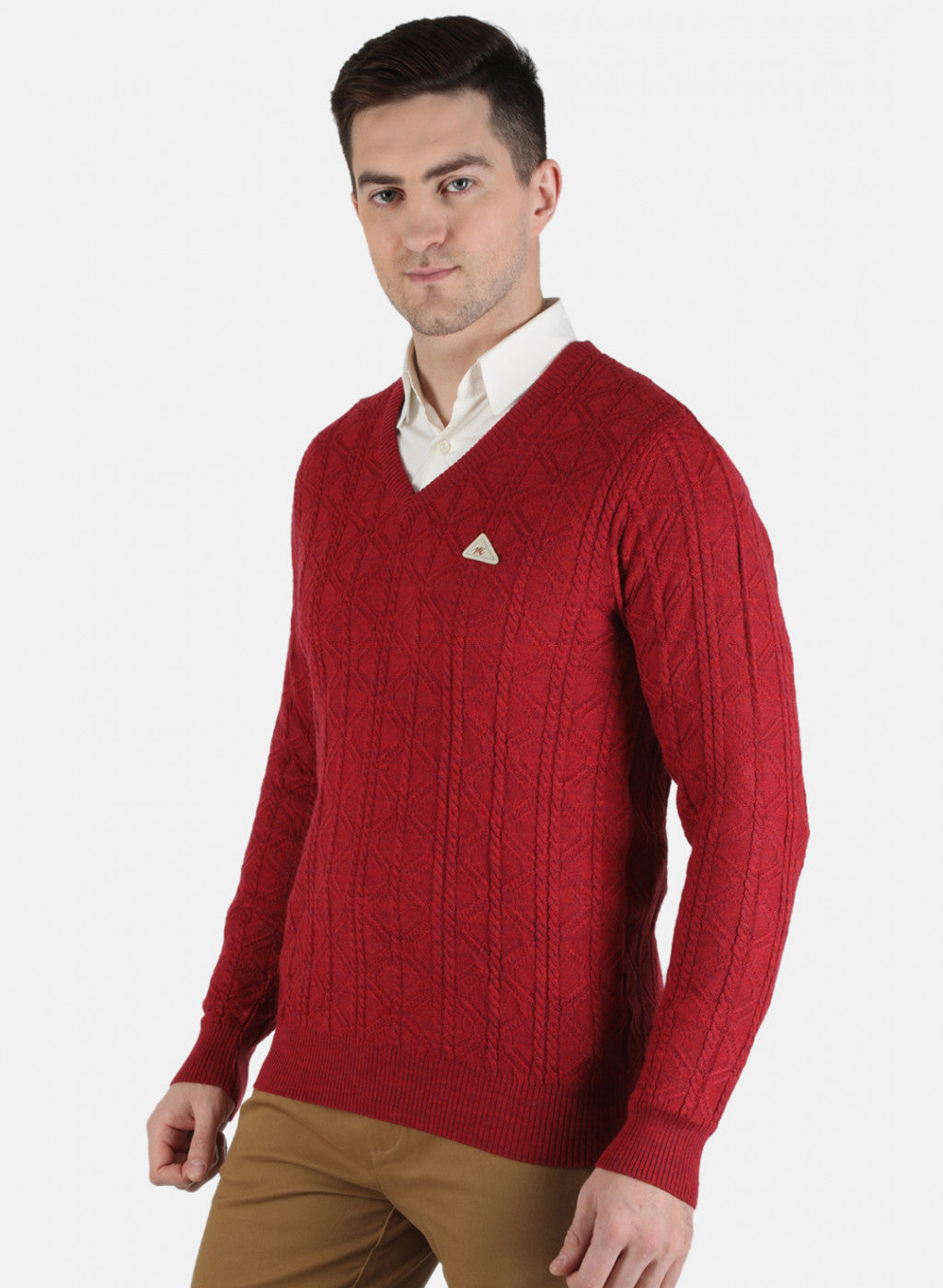 Men Red Self Design Pullover