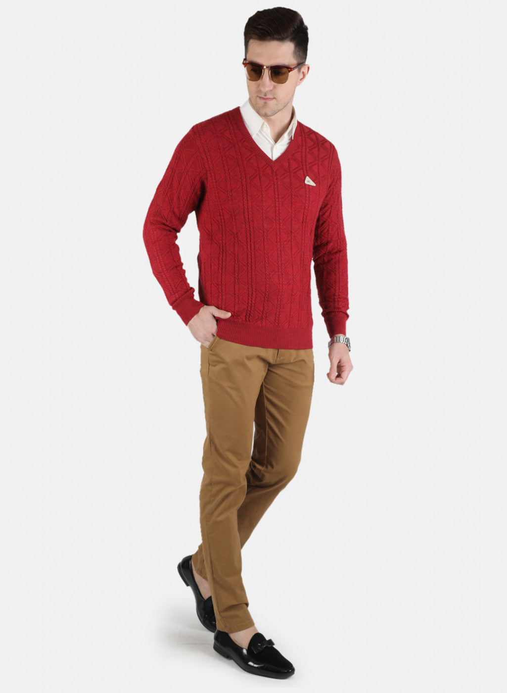 Men Red Self Design Pullover