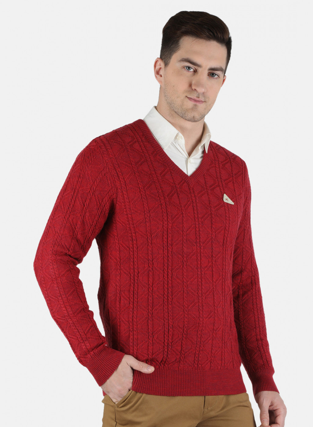 Men Red Self Design Pullover