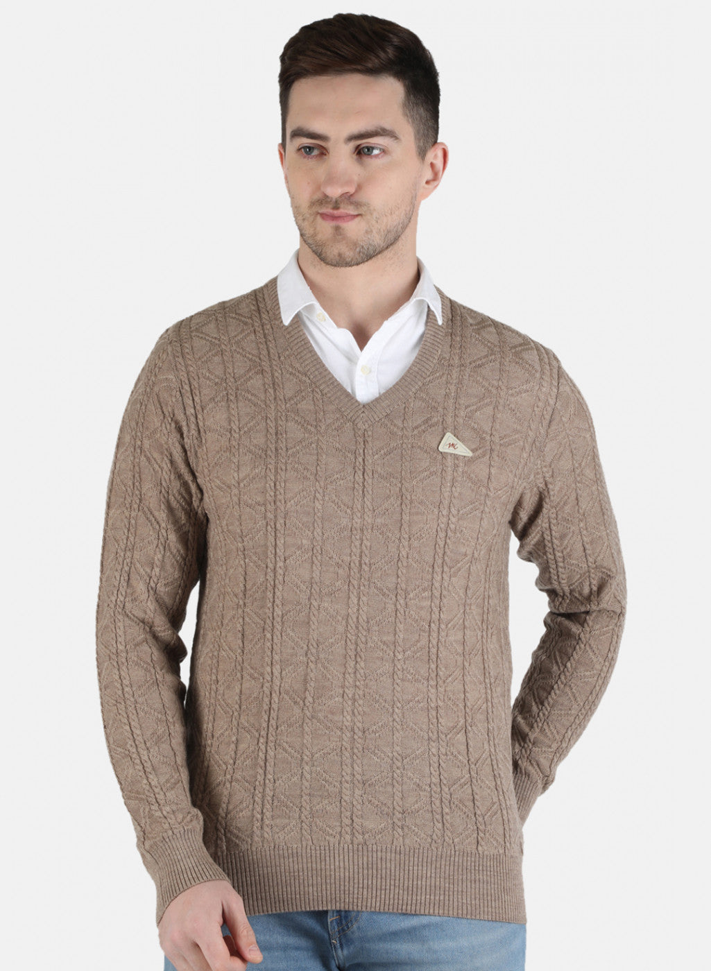 Men Beige Self Design Pullover