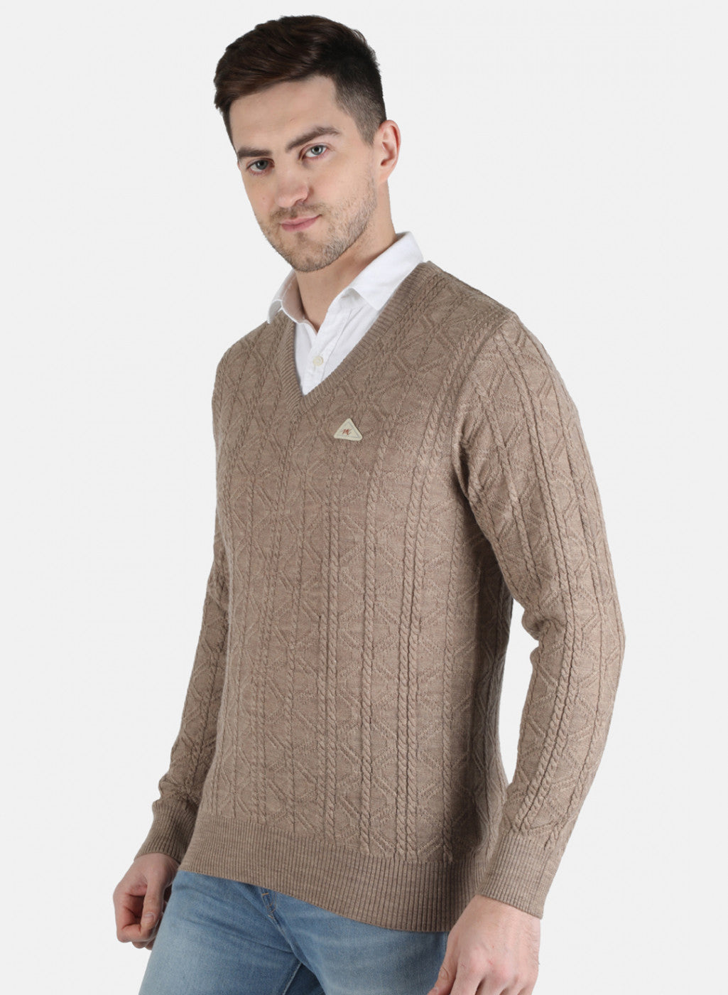 Men Beige Self Design Pullover