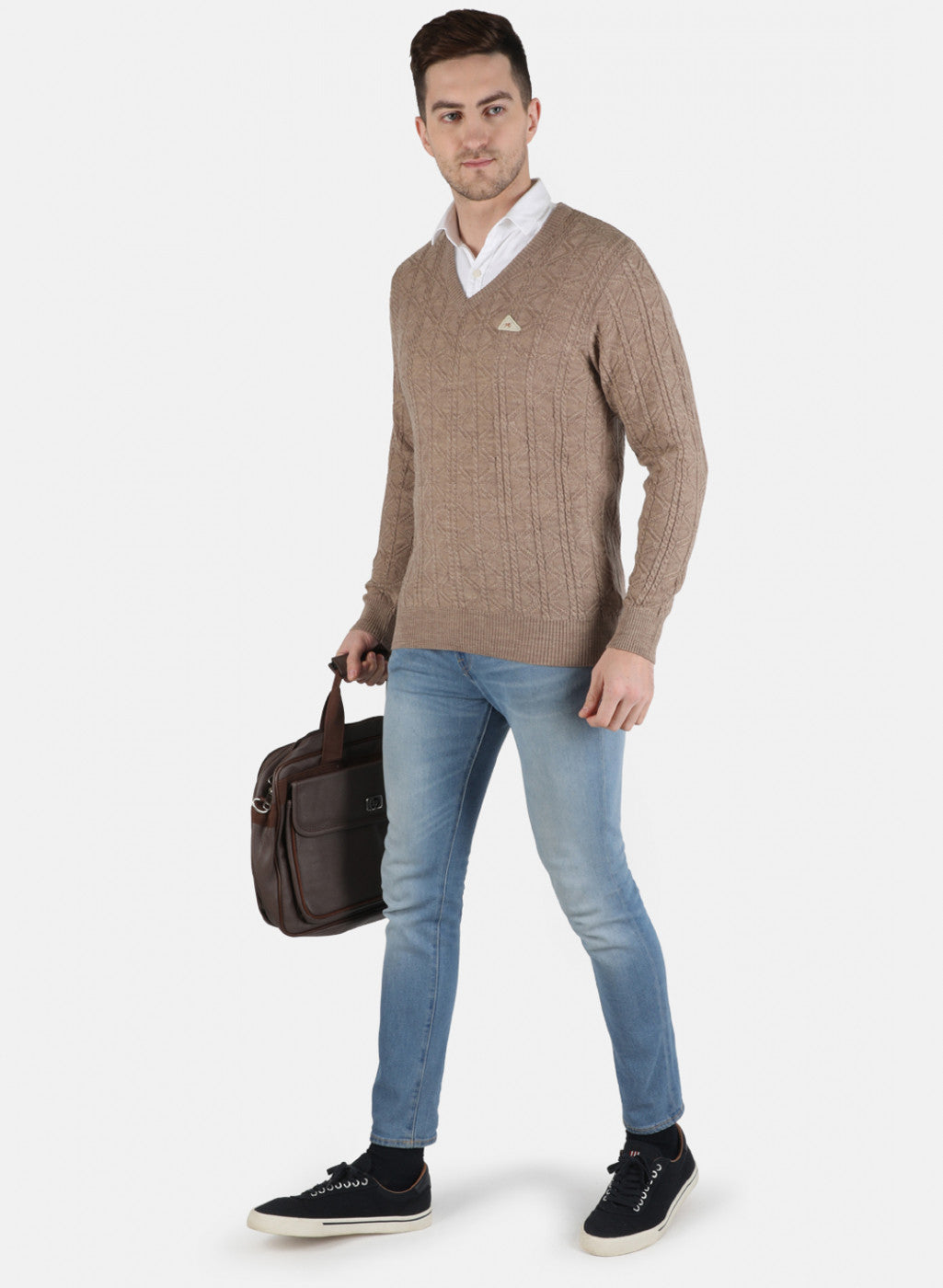 Men Beige Self Design Pullover