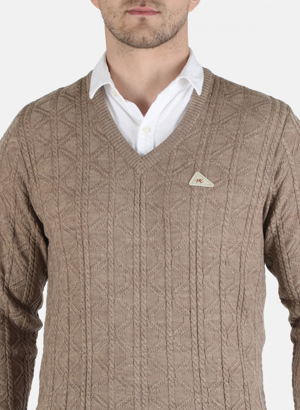 Men Beige Self Design Pullover