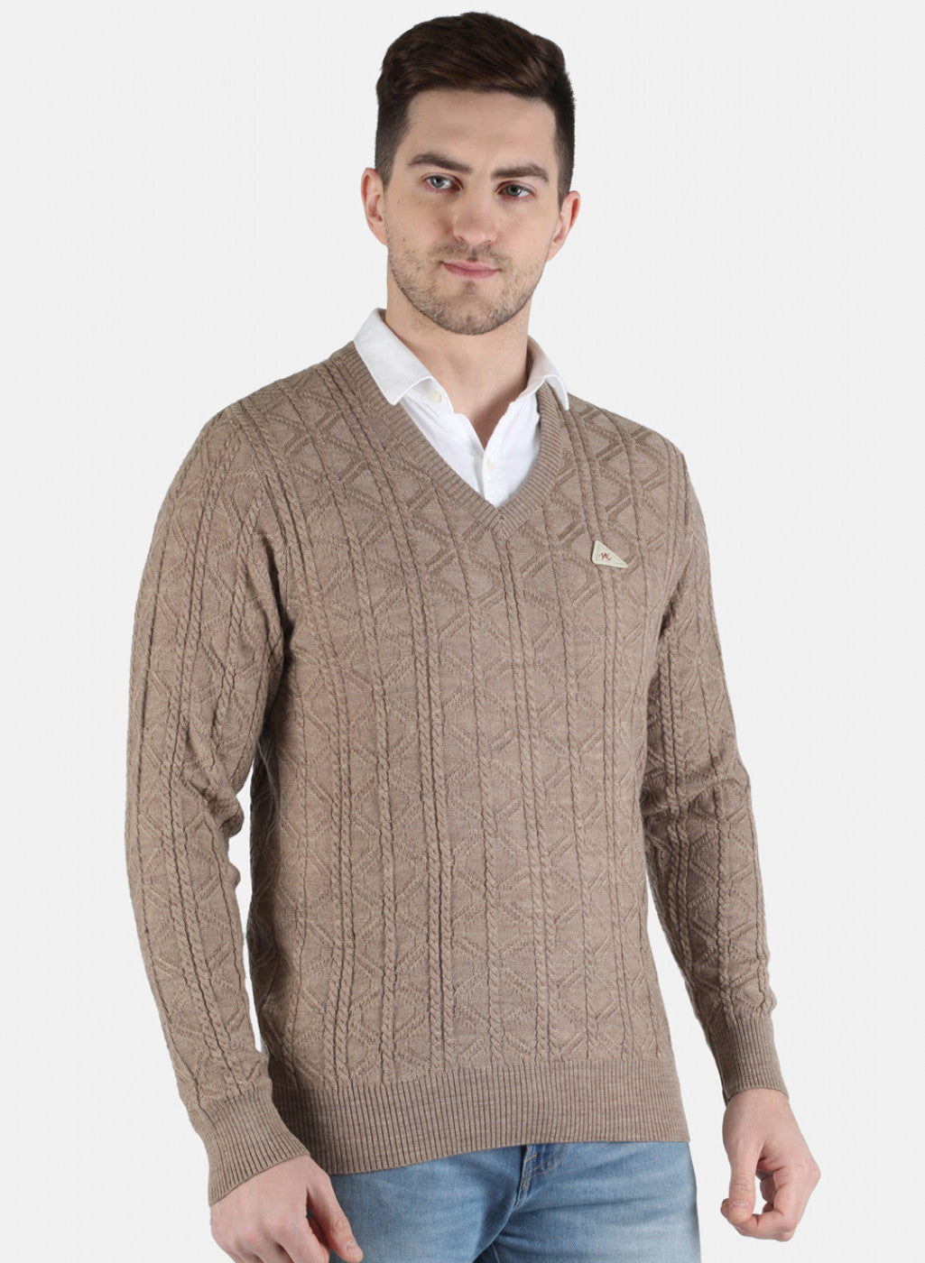 Men Beige Self Design Pullover