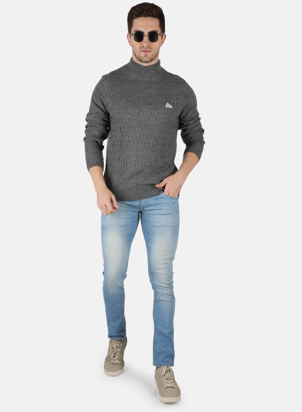 Men Grey Self Design Pullover