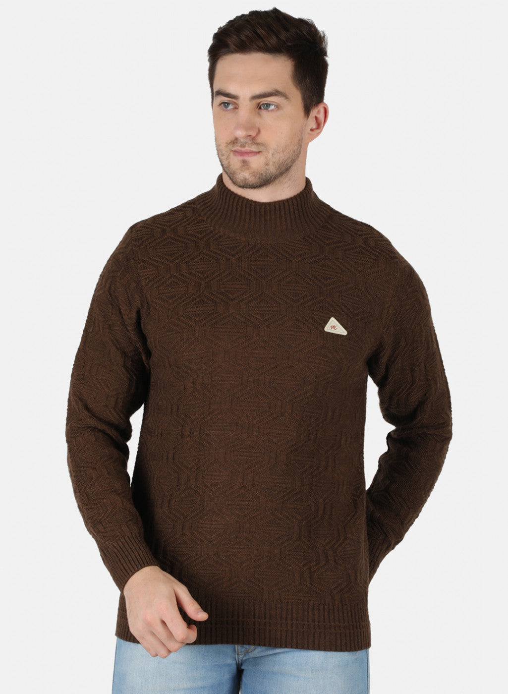 Men Brown Self Design Pullover