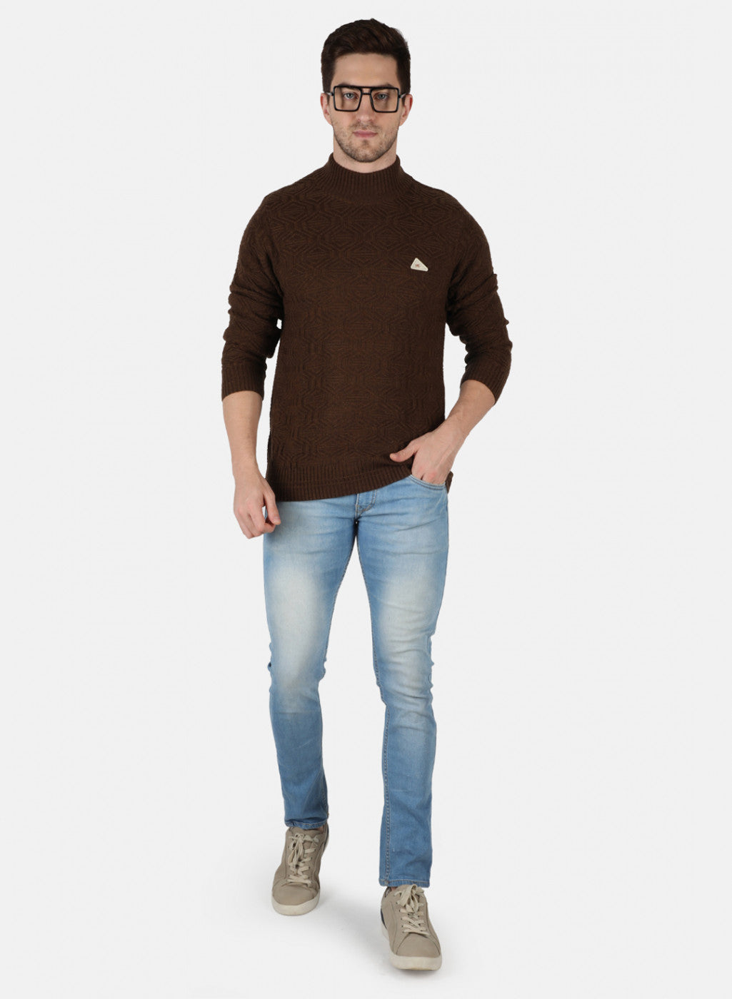 Men Brown Self Design Pullover