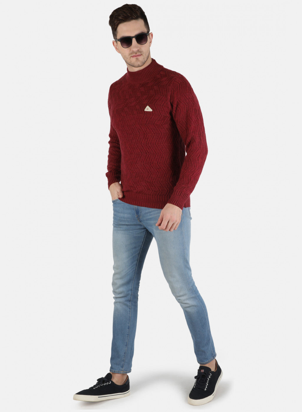 Men Maroon Self Design Pullover