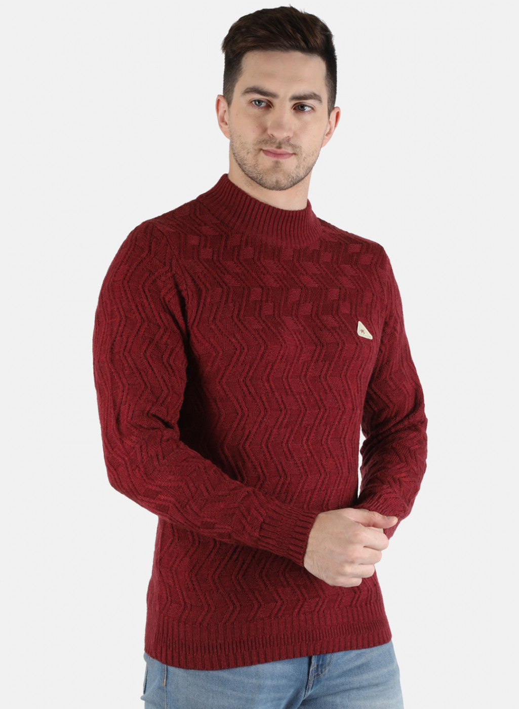 Men Maroon Self Design Pullover