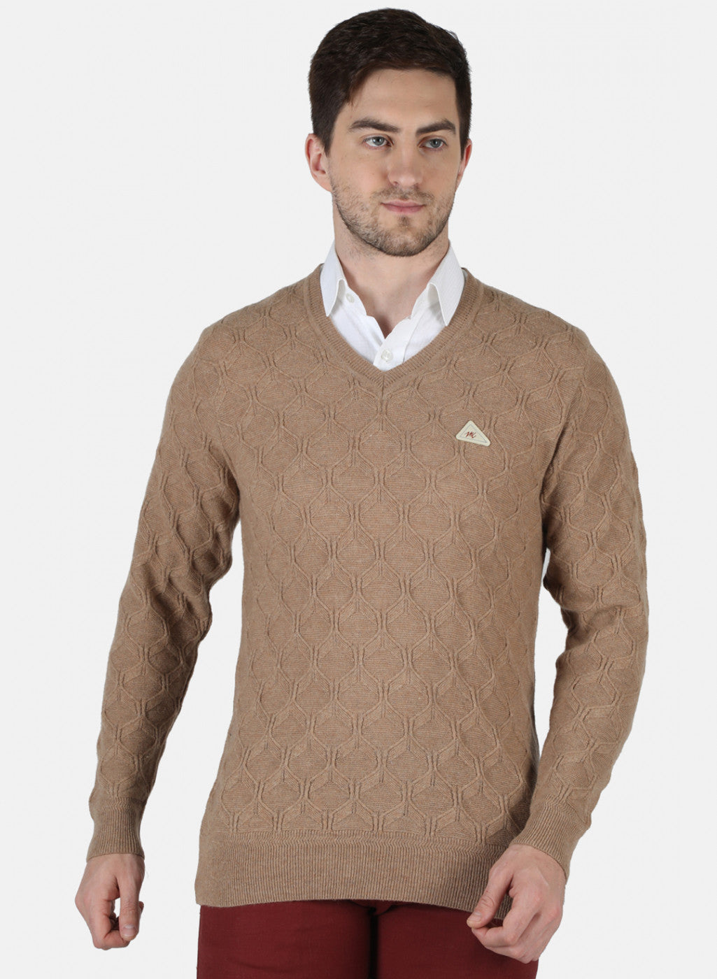 Men Beige Self Design Pullover