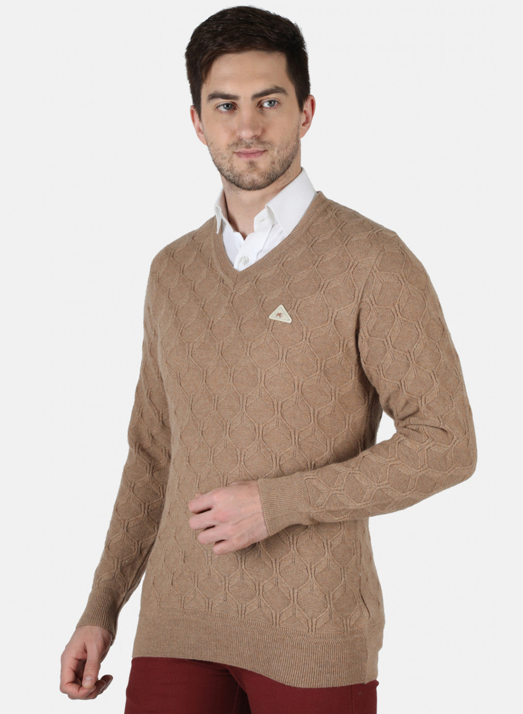 Men Beige Self Design Pullover