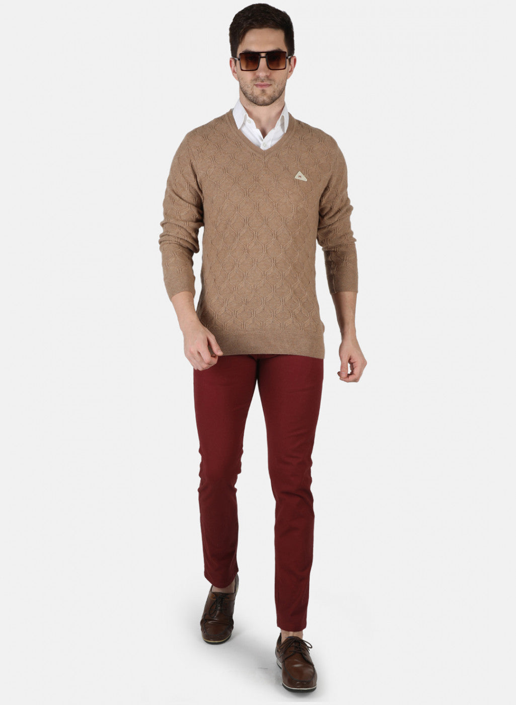 Men Beige Self Design Pullover