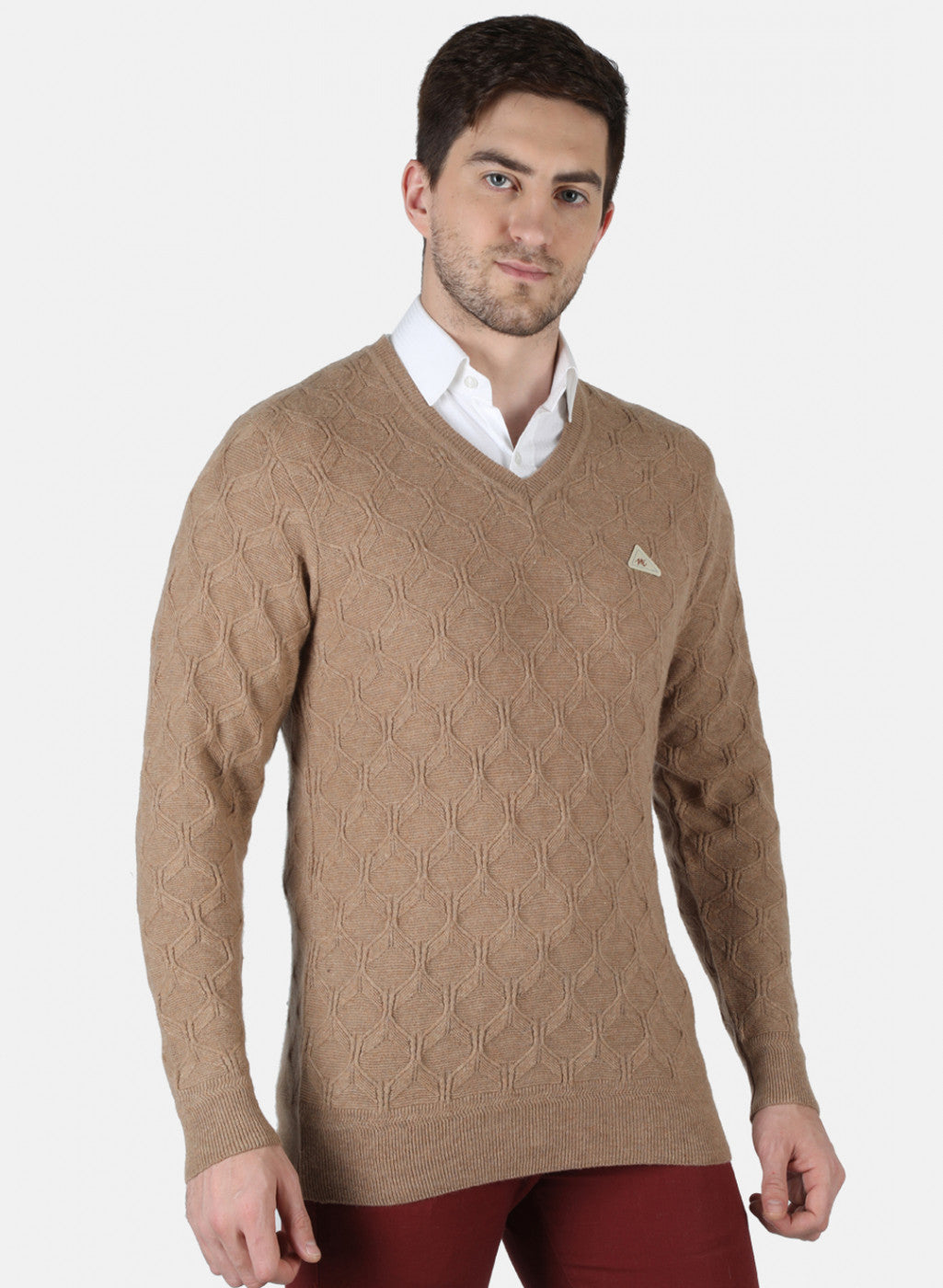 Men Beige Self Design Pullover