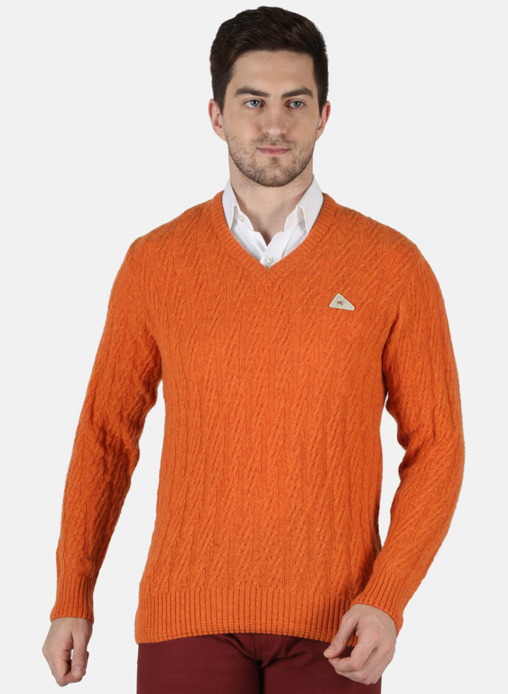 Men Orange Self Design Pullover