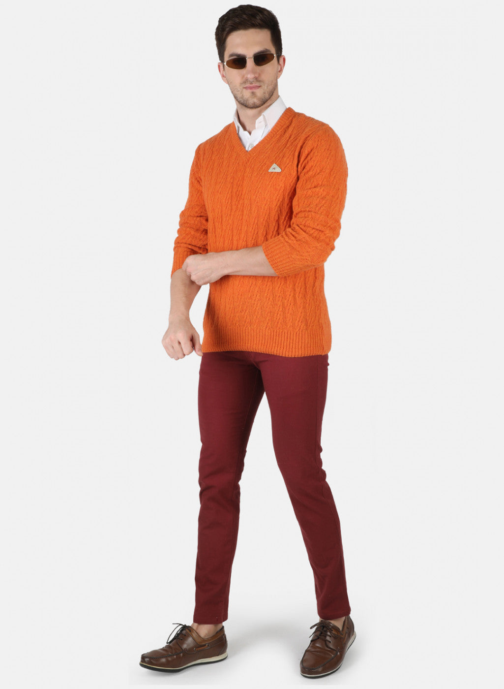 Men Orange Self Design Pullover