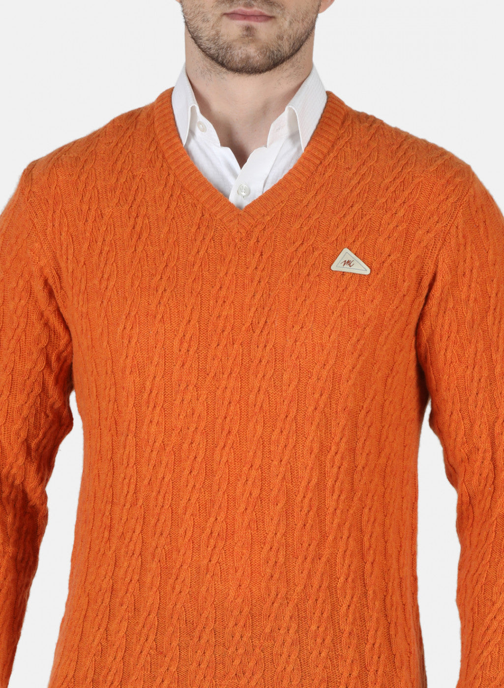 Men Orange Self Design Pullover