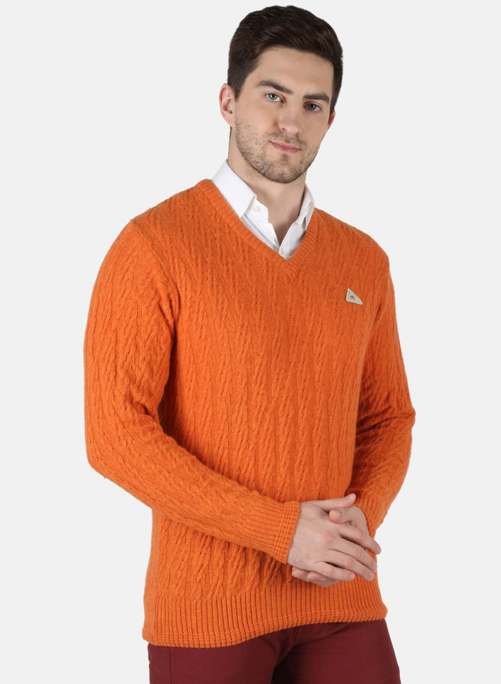 Men Orange Self Design Pullover