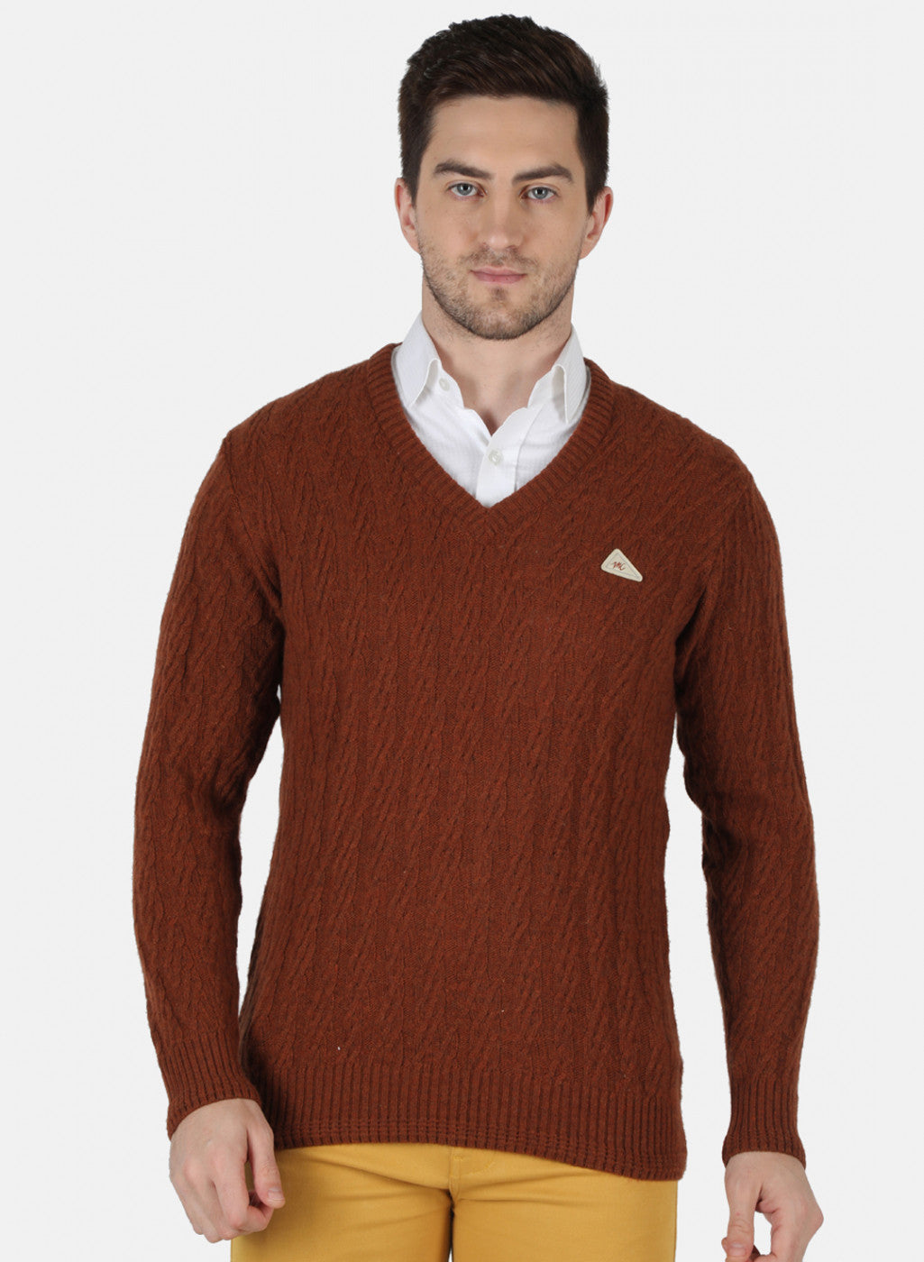 Men Brown Self Design Pullover