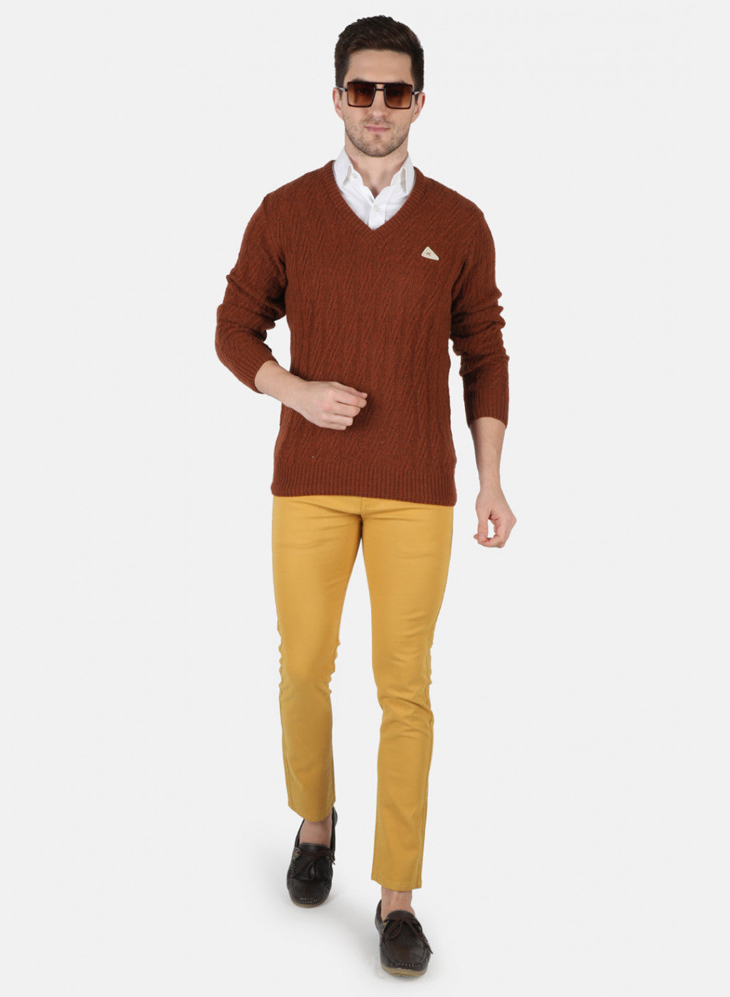 Men Brown Self Design Pullover