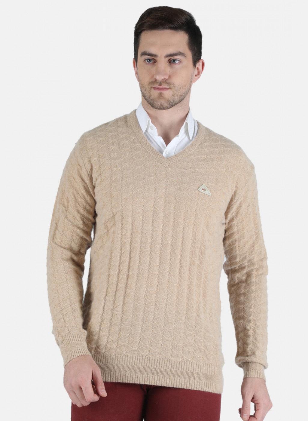 Men Beige Self Design Pullover