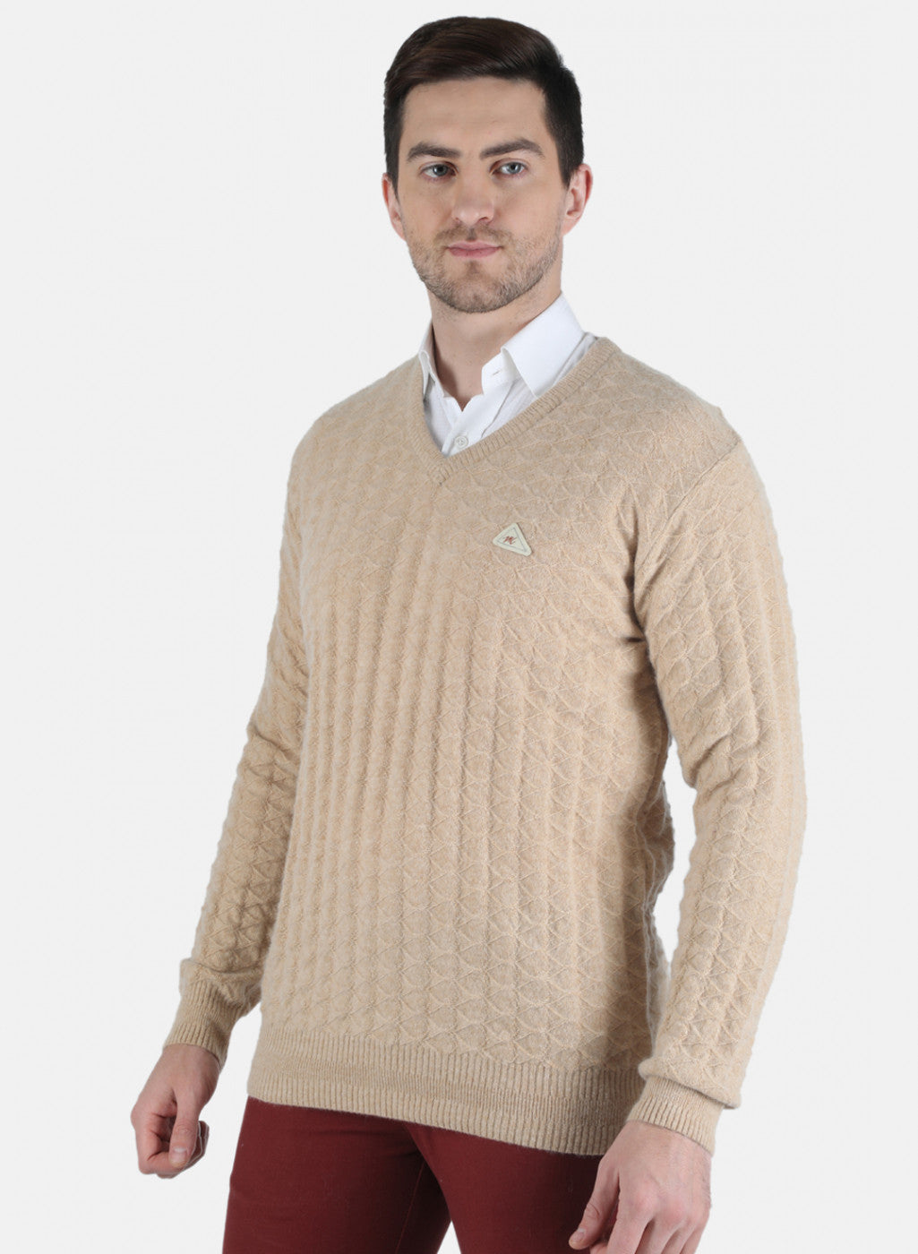 Men Beige Self Design Pullover