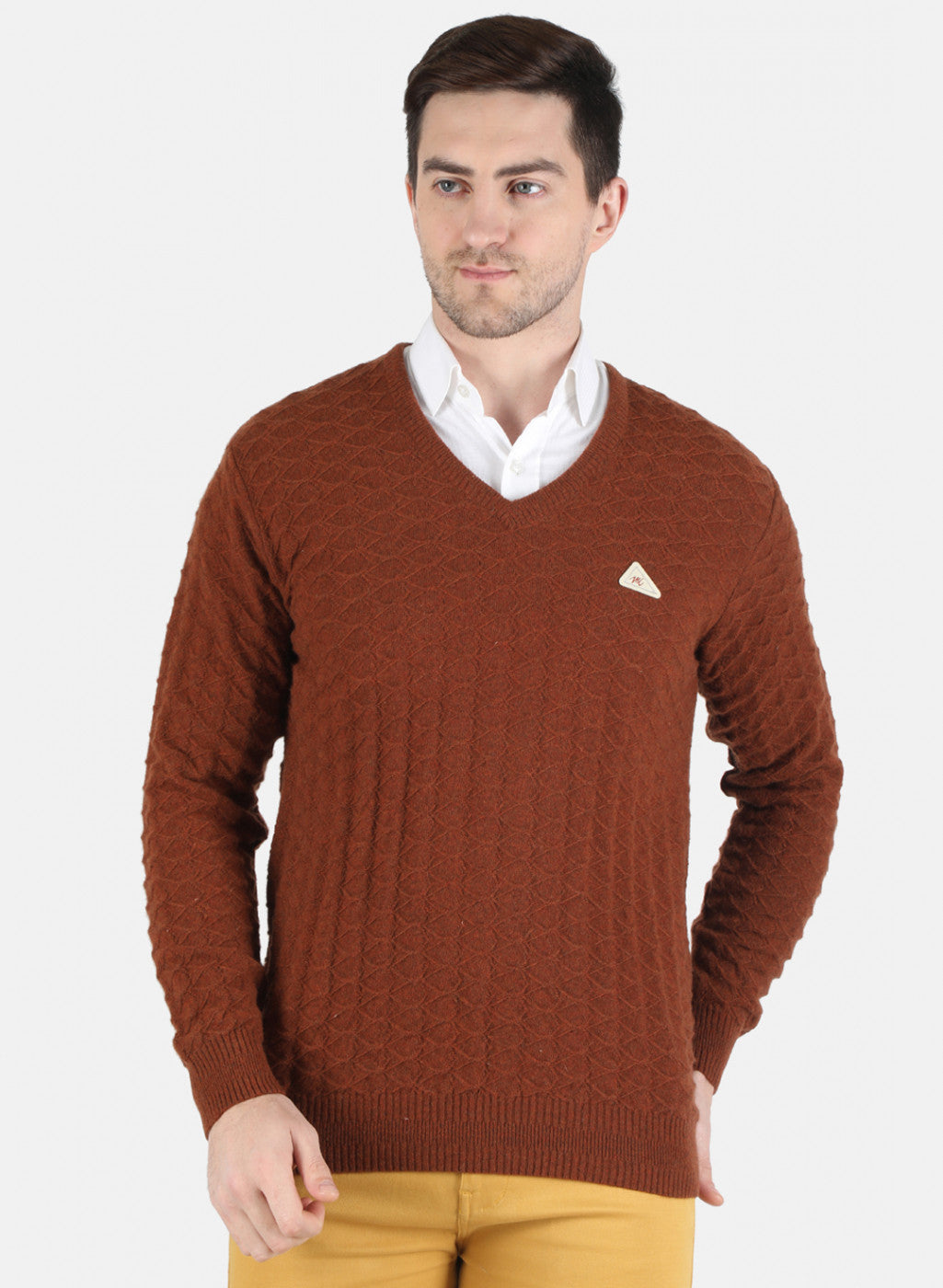 Men Brown Self Design Pullover